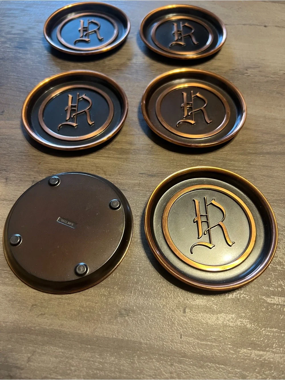 Hyde Park Monogrammed Metal Coasters Set two tone- Copper & Black letter “R”